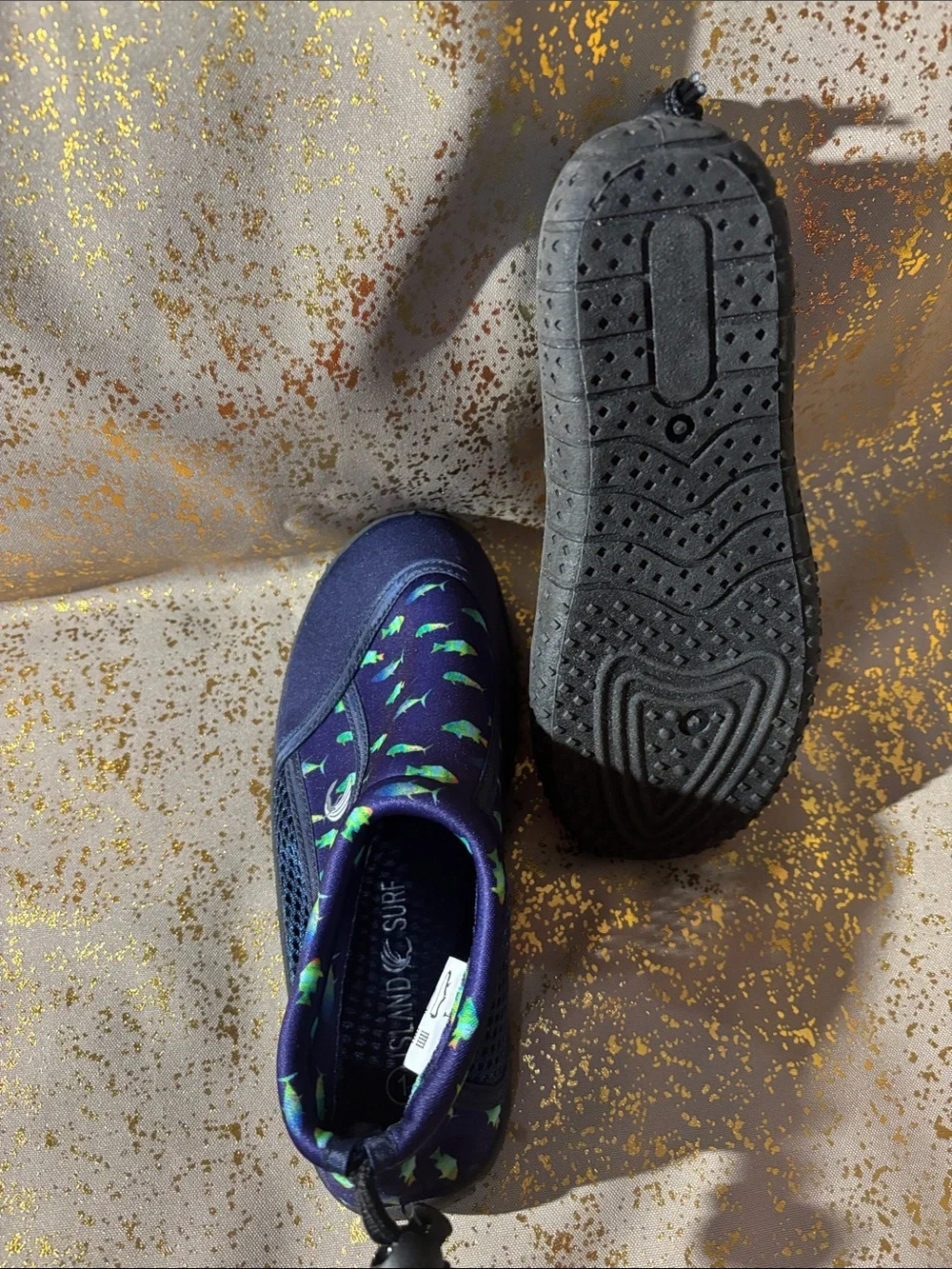 Kids Navy Water Shoes with Green Fish Print - Slip-On Aqua Socks